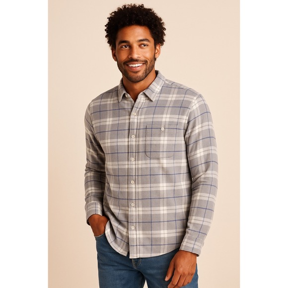 Faherty Movement Flannel Shirt Gray Blue‎ Plaid Stretch Flannel Men's Large